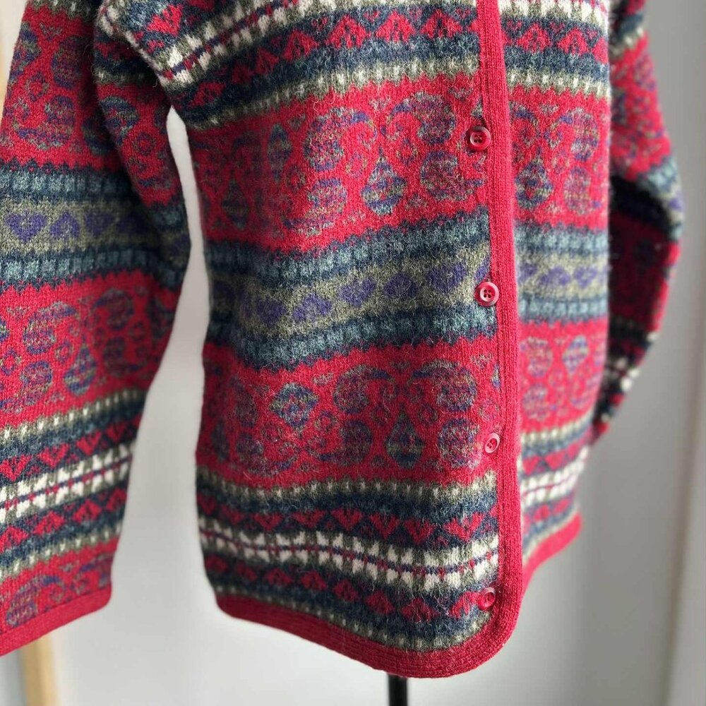 Vintage Simons Cerise & Multicolor Fair Isle Pure Shetland Wool Cardigan – US L - Picture 3 of 14